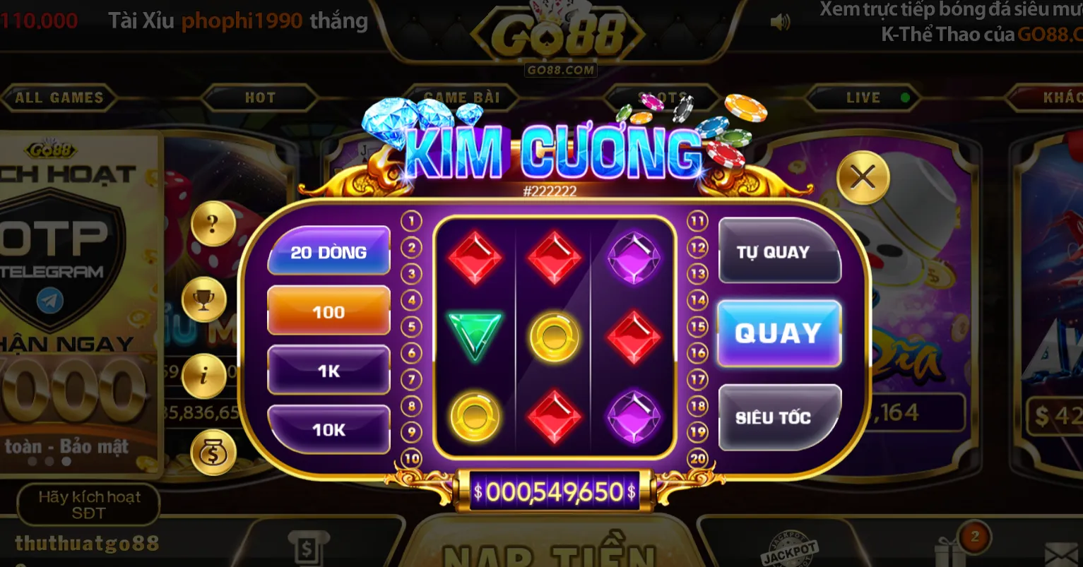 Tỷ lệ trả thưởng của game kim cương Go88 online